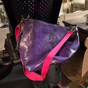 Makeup Junkie Purple Skull Design Women's Bag with Pink Strap